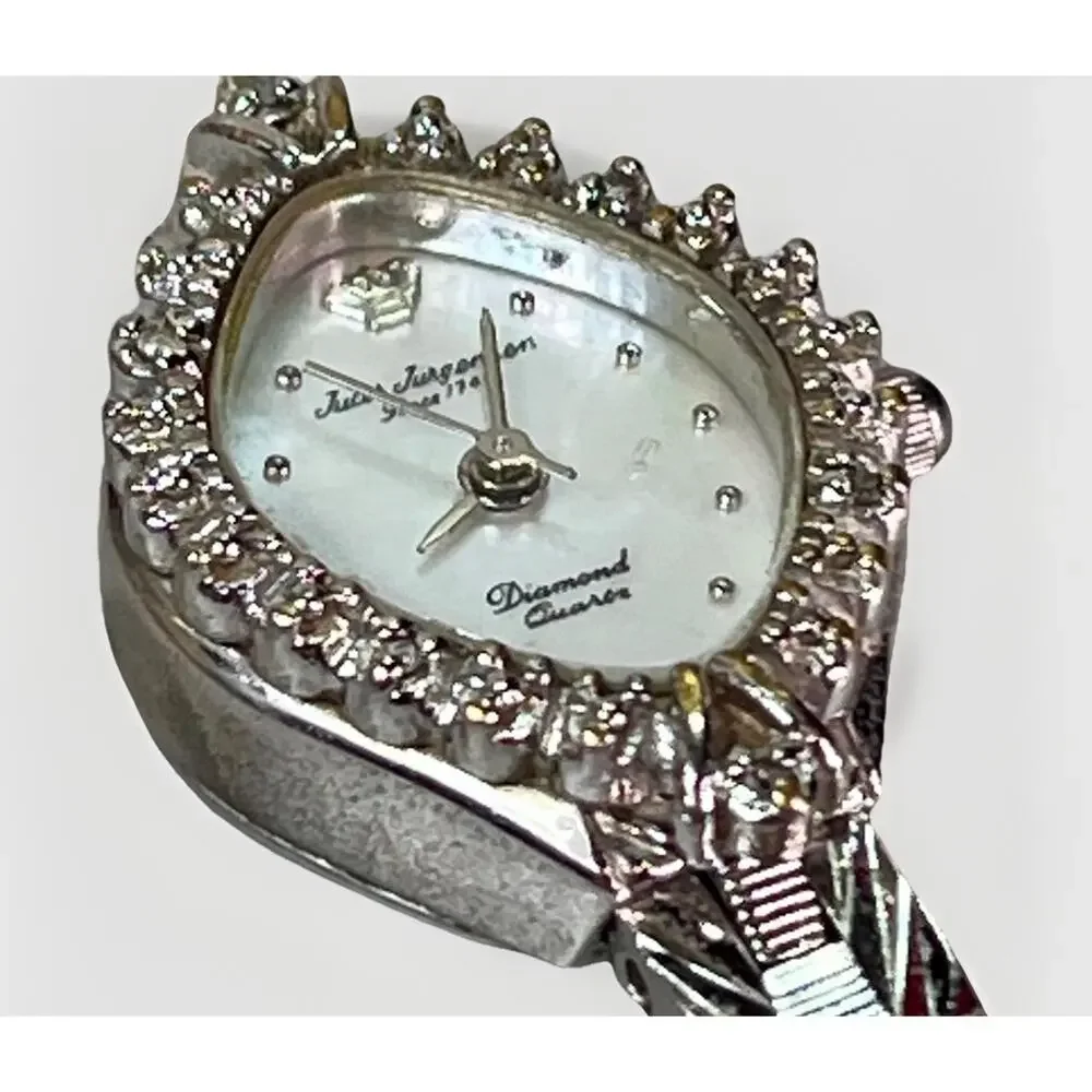 Vintage Jules Jurgensen Silver Tone Quartz Watch Diamond Bezel Women's Bracelet